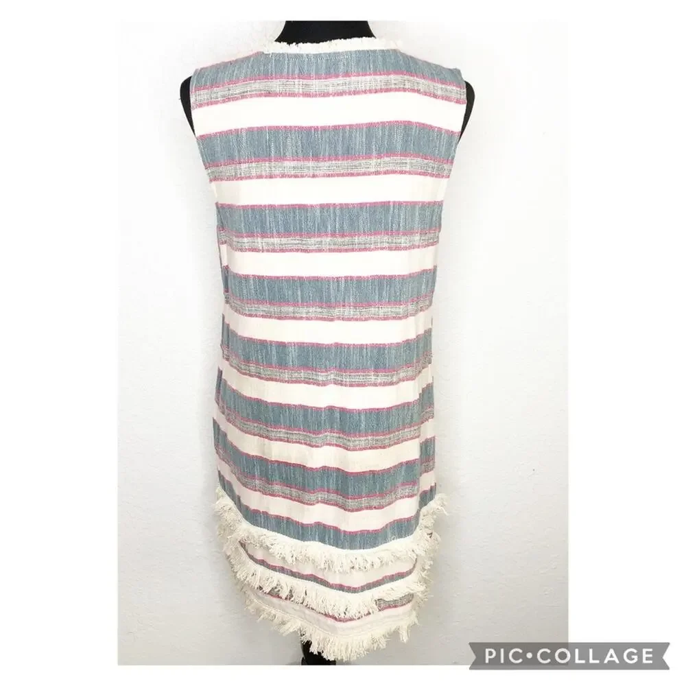 Anthropologie Holding Horses cream chambray blue pink fringe trim dress size 12